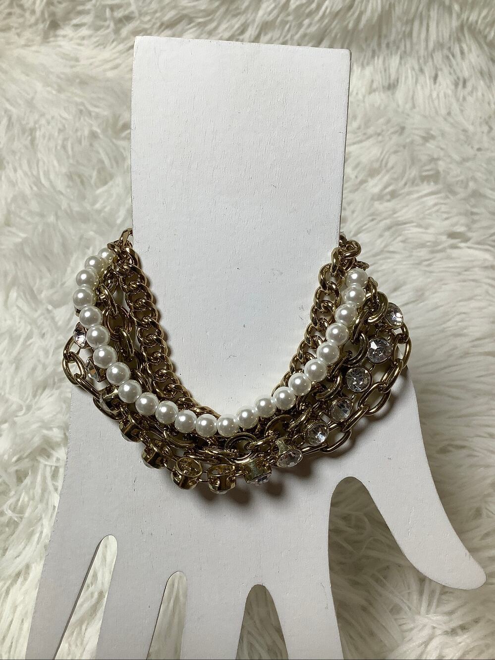 Off Park Collection Multi Strand Faux Pearl Crystal Gold Chain Bracelet A4-39